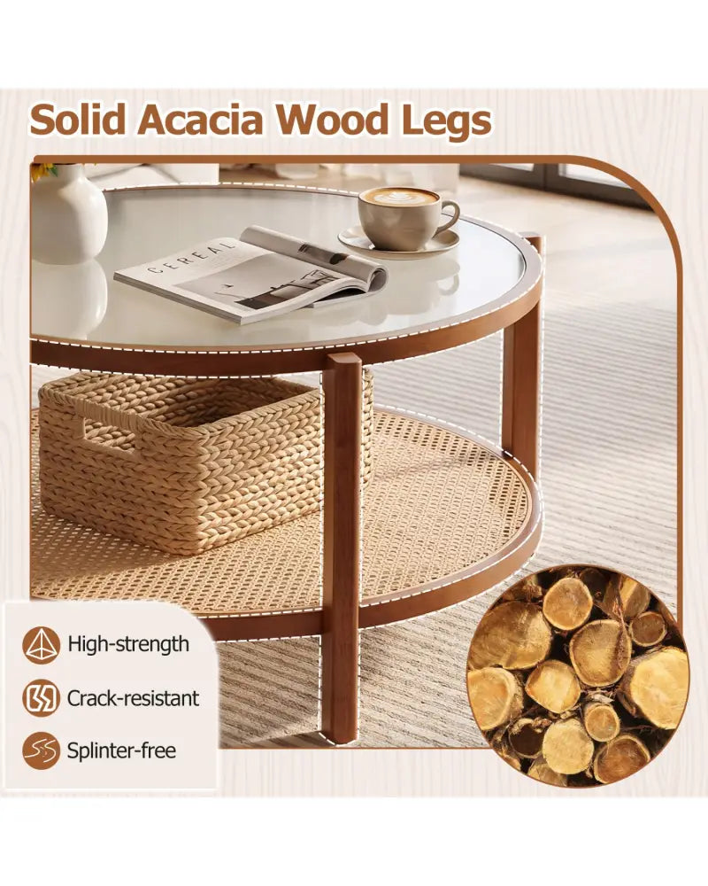 2-Tier Rattan Coffee Table with Frosted Tempered Glass Top and Wood Legs-Walnut - Walnut - Coffee Tables