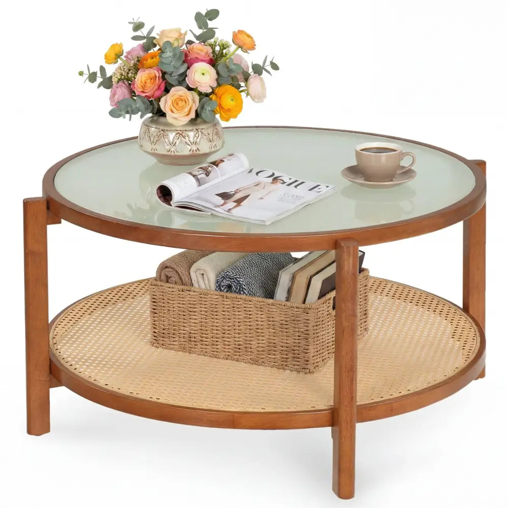 2-Tier Rattan Coffee Table with Frosted Tempered Glass Top and Wood Legs-Walnut - Walnut - Coffee Tables