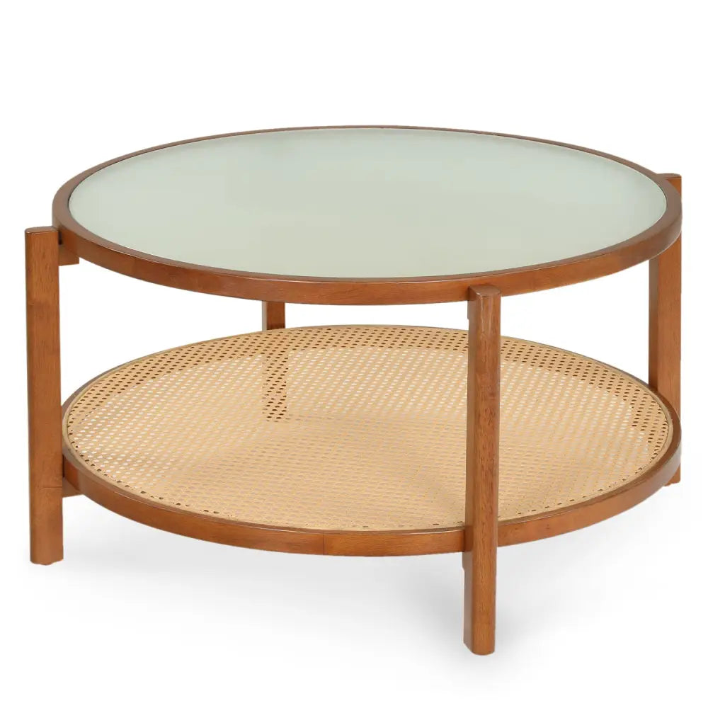 2-Tier Rattan Coffee Table with Frosted Tempered Glass Top and Wood Legs-Walnut - Walnut - Coffee Tables