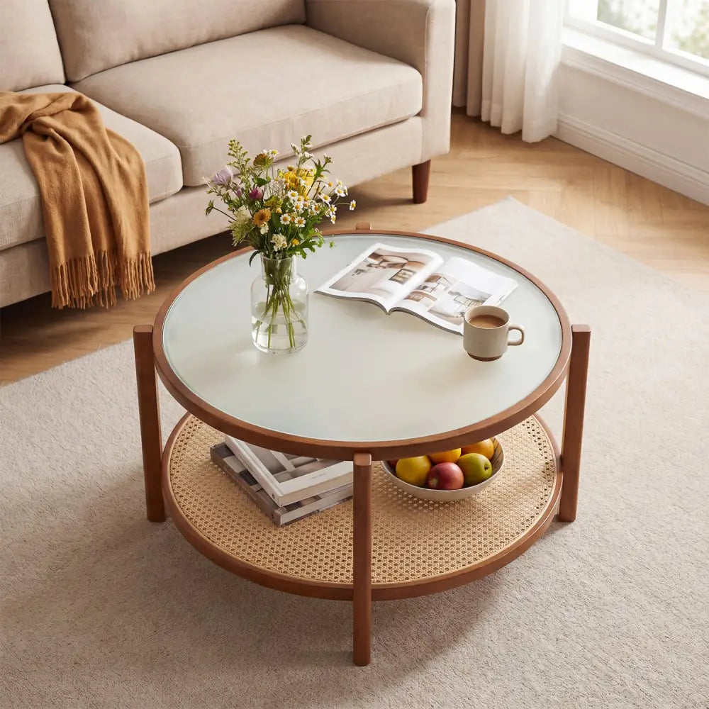2-Tier Rattan Coffee Table with Frosted Tempered Glass Top and Wood Legs-Walnut - Walnut - Coffee Tables