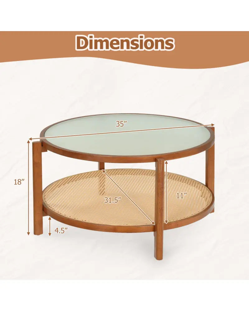 2-Tier Rattan Coffee Table with Frosted Tempered Glass Top and Wood Legs-Walnut - Walnut - Coffee Tables