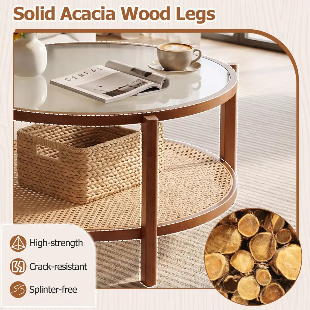 2-Tier Rattan Coffee Table with Frosted Tempered Glass Top and Wood Legs-Walnut - Walnut - Coffee Tables