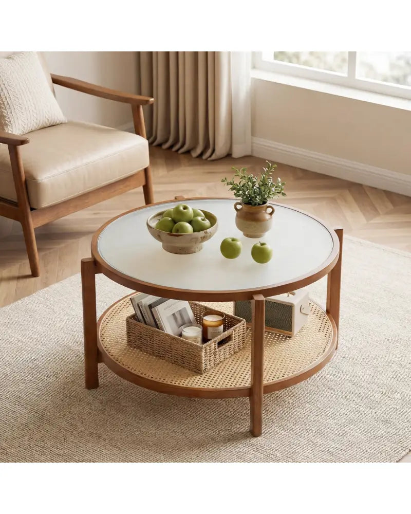 2-Tier Rattan Coffee Table with Frosted Tempered Glass Top and Wood Legs-Walnut - Walnut - Coffee Tables