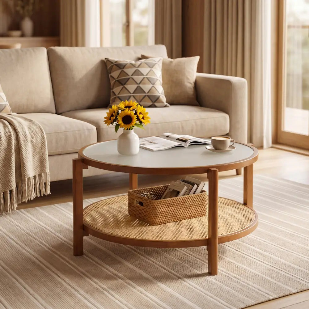 2-Tier Rattan Coffee Table with Frosted Tempered Glass Top and Wood Legs-Walnut - Walnut - Coffee Tables