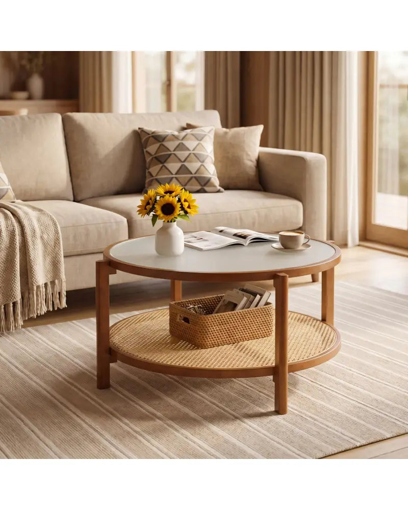2-Tier Rattan Coffee Table with Frosted Tempered Glass Top and Wood Legs-Walnut - Walnut - Coffee Tables