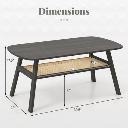 2-Tier Rectangular Center Coffee Table with Rattan Storage Shelf and Rubber Wood Legs-Dark Gray Costway