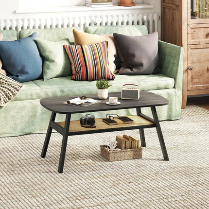 2-Tier Rectangular Center Coffee Table with Rattan Storage Shelf and Rubber Wood Legs-Dark Gray Costway