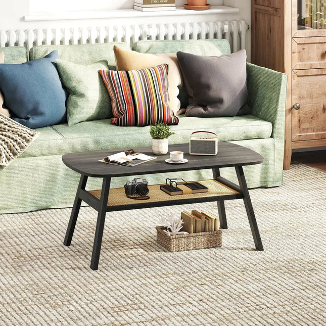 2-Tier Rectangular Center Coffee Table with Rattan Storage Shelf and Rubber Wood Legs-Dark Gray Costway
