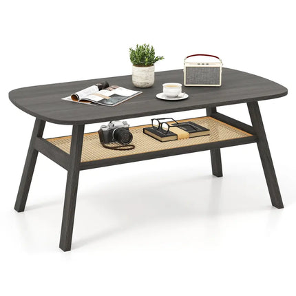 2-Tier Rectangular Center Coffee Table with Rattan Storage Shelf and Rubber Wood Legs-Dark Gray Costway