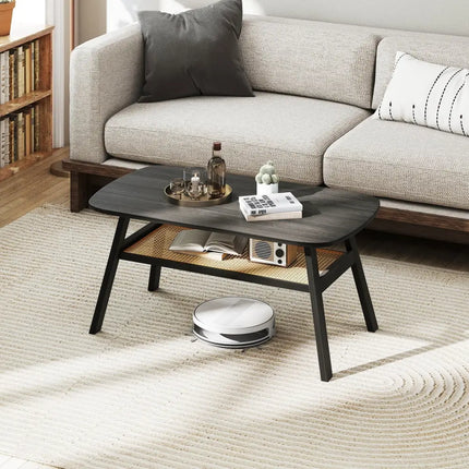 2-Tier Rectangular Center Coffee Table with Rattan Storage Shelf and Rubber Wood Legs-Dark Gray Costway