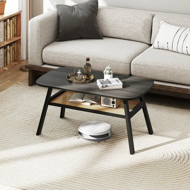 2-Tier Rectangular Center Coffee Table with Rattan Storage Shelf and Rubber Wood Legs-Dark Gray Costway