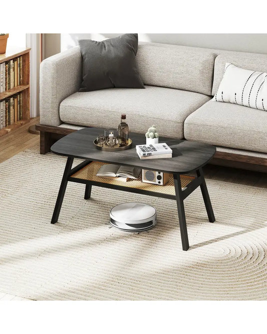 2-Tier Rectangular Center Coffee Table with Rattan Storage Shelf and Rubber Wood Legs-Dark Gray - Dark Gray - Coffee