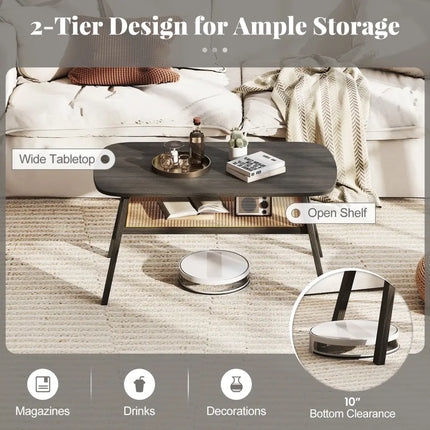 2-Tier Rectangular Center Coffee Table with Rattan Storage Shelf and Rubber Wood Legs-Dark Gray Costway