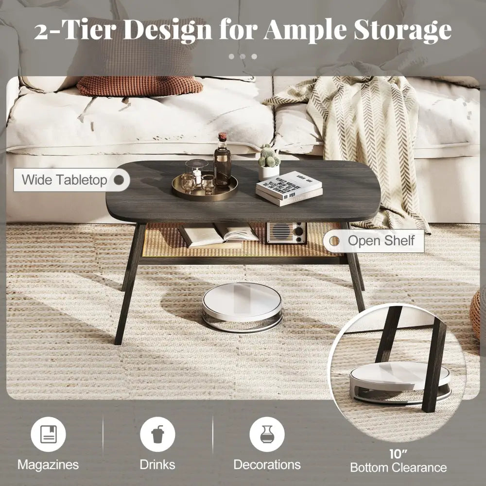2-Tier Rectangular Center Coffee Table with Rattan Storage Shelf and Rubber Wood Legs-Dark Gray Costway