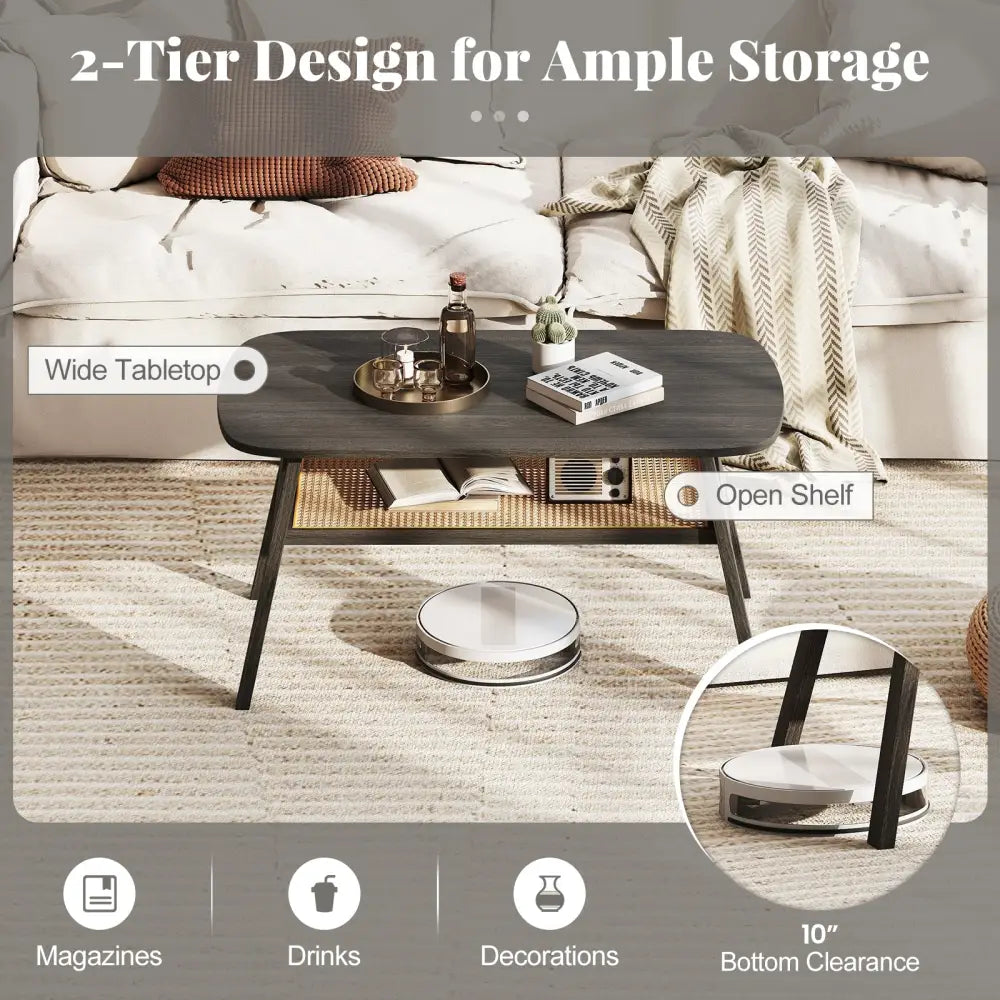 2-Tier Rectangular Center Coffee Table with Rattan Storage Shelf and Rubber Wood Legs-Dark Gray - Dark Gray - Coffee
