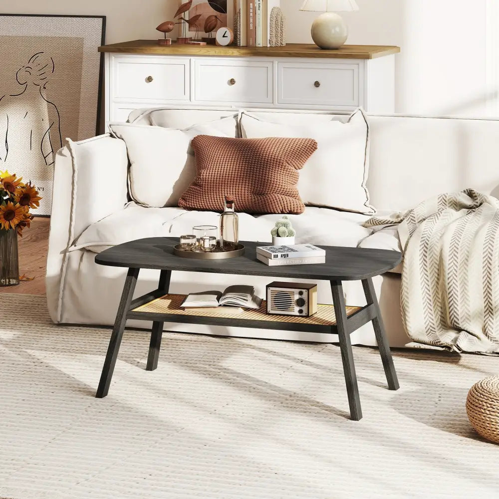 2-Tier Rectangular Center Coffee Table with Rattan Storage Shelf and Rubber Wood Legs-Dark Gray Costway