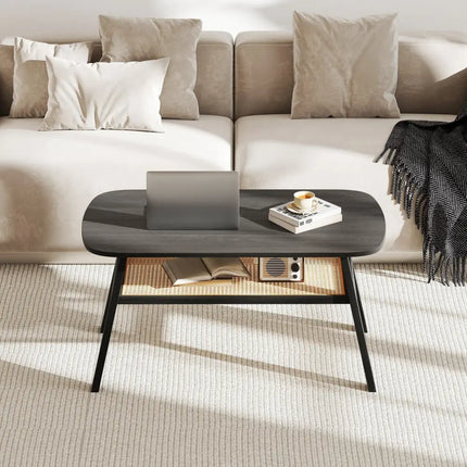 2-Tier Rectangular Center Coffee Table with Rattan Storage Shelf and Rubber Wood Legs-Dark Gray Costway
