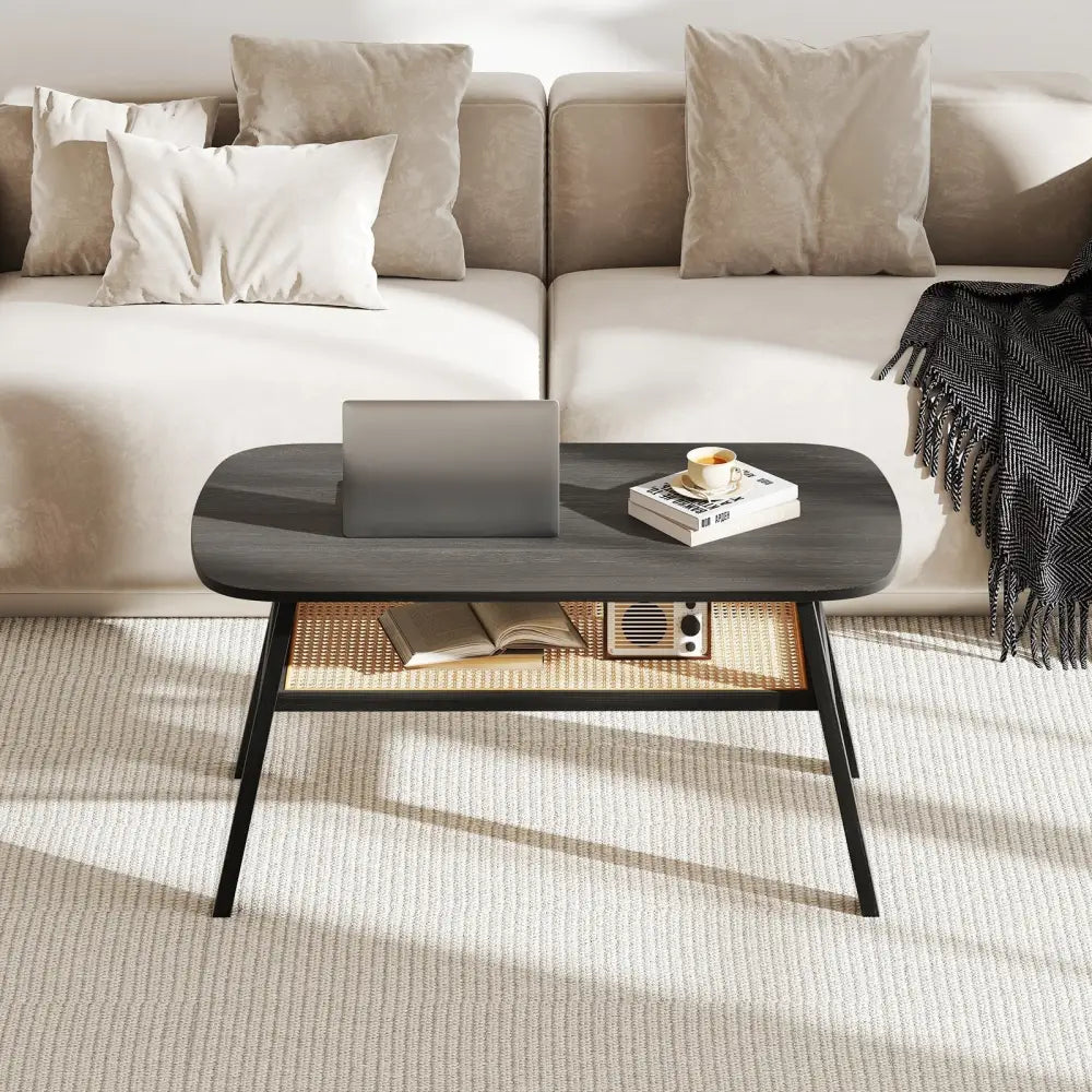 2-Tier Rectangular Center Coffee Table with Rattan Storage Shelf and Rubber Wood Legs-Dark Gray Costway