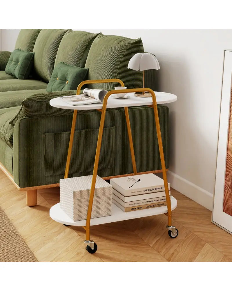 2-Tier Rolling End Table with Faux Marble Surfaces for Small Spaces-White - White - End & Side Tables