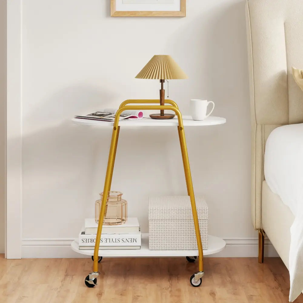 2-Tier Rolling End Table with Faux Marble Surfaces for Small Spaces-White - White - End & Side Tables