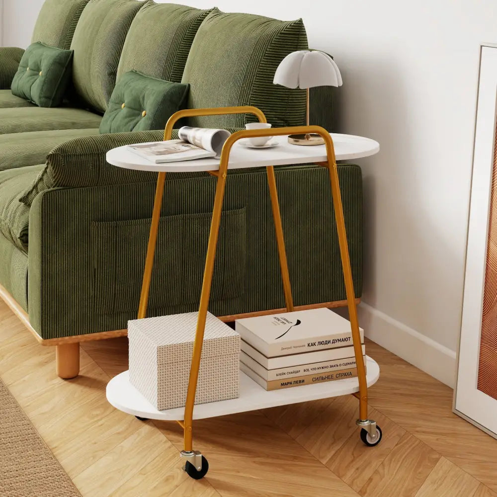 2-Tier Rolling End Table with Faux Marble Surfaces for Small Spaces-White - White - End & Side Tables
