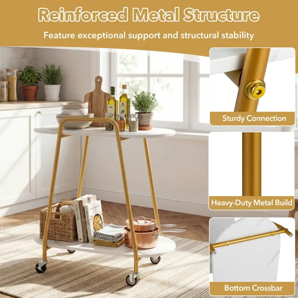 2-Tier Rolling End Table with Faux Marble Surfaces for Small Spaces-White - White - End & Side Tables