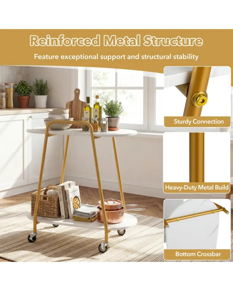 2-Tier Rolling End Table with Faux Marble Surfaces for Small Spaces-White - White - End & Side Tables