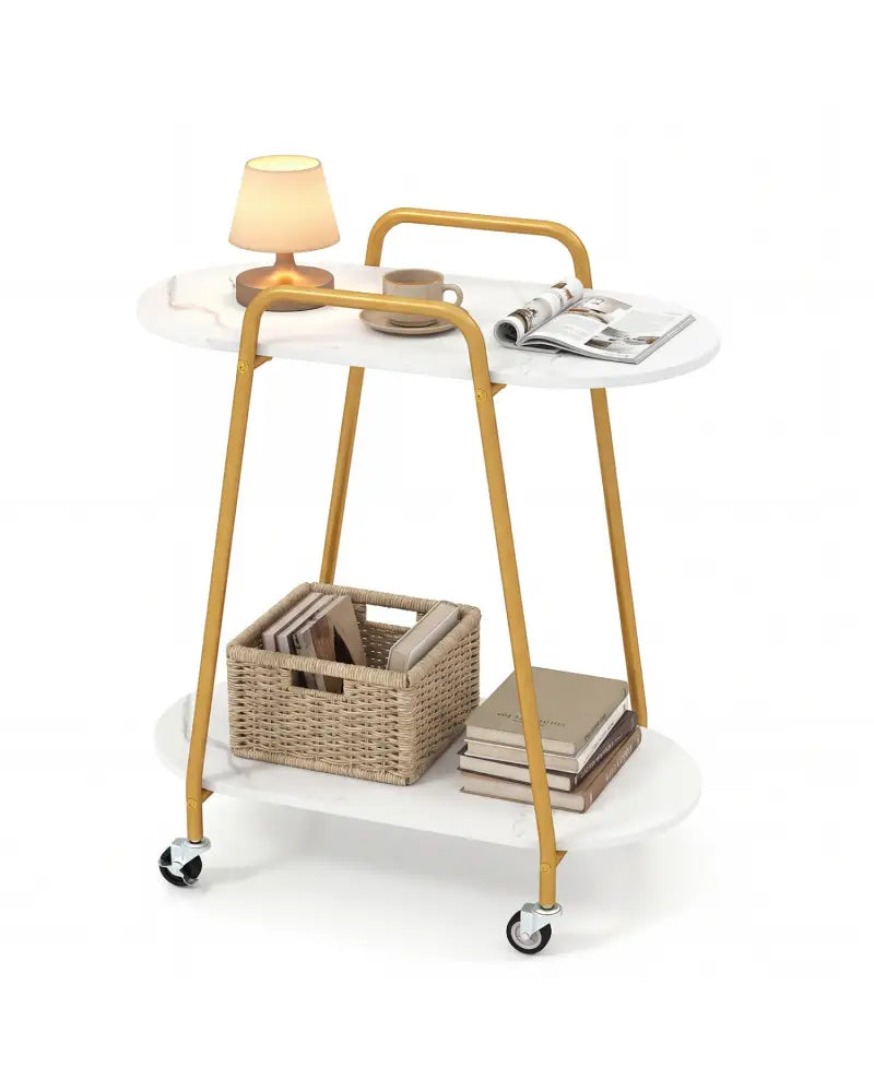 2-Tier Rolling End Table with Faux Marble Surfaces for Small Spaces-White - White - End & Side Tables