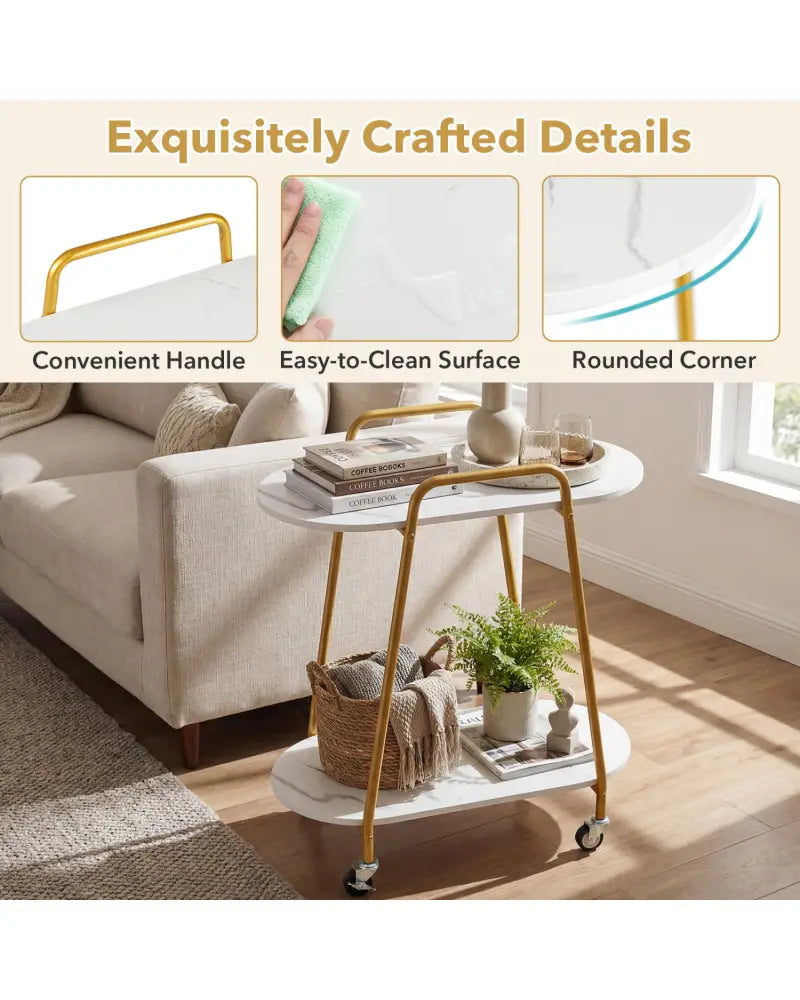 2-Tier Rolling End Table with Faux Marble Surfaces for Small Spaces-White - White - End & Side Tables