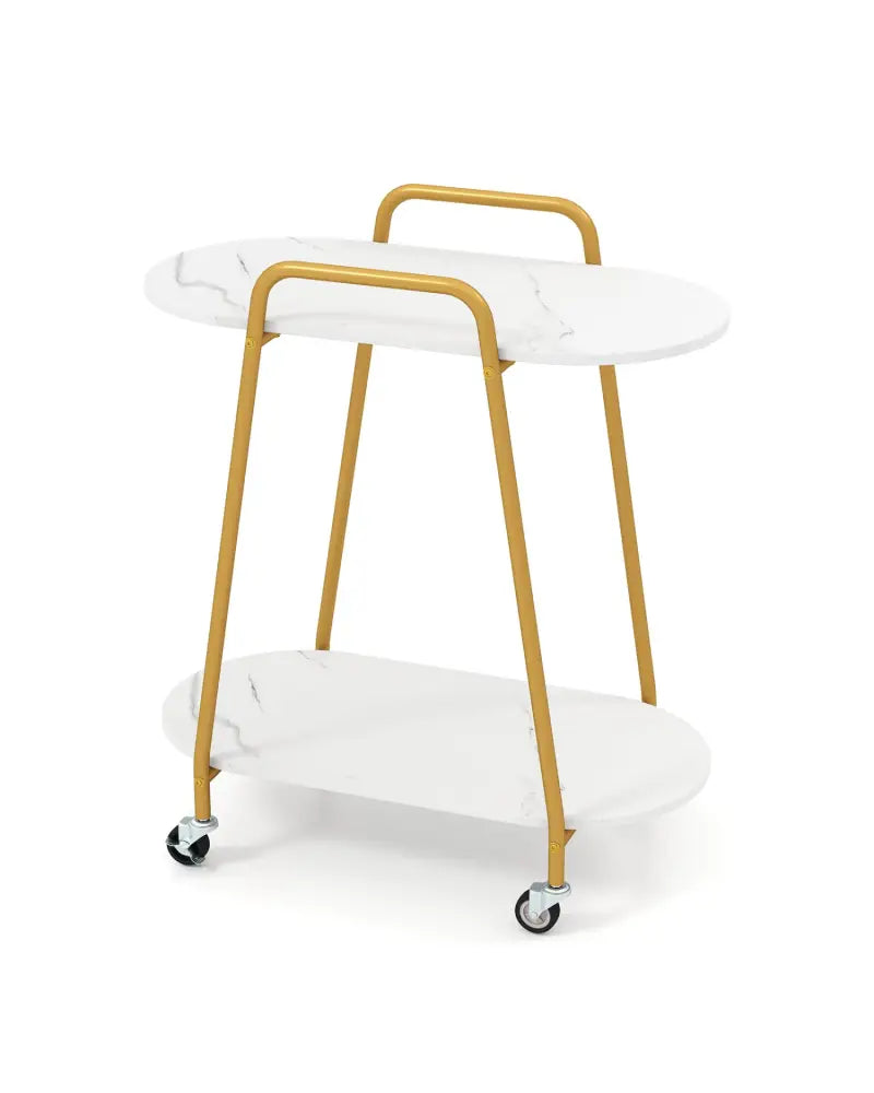 2-Tier Rolling End Table with Faux Marble Surfaces for Small Spaces-White - White - End & Side Tables