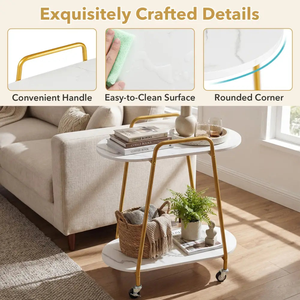 2-Tier Rolling End Table with Faux Marble Surfaces for Small Spaces-White - White - End & Side Tables