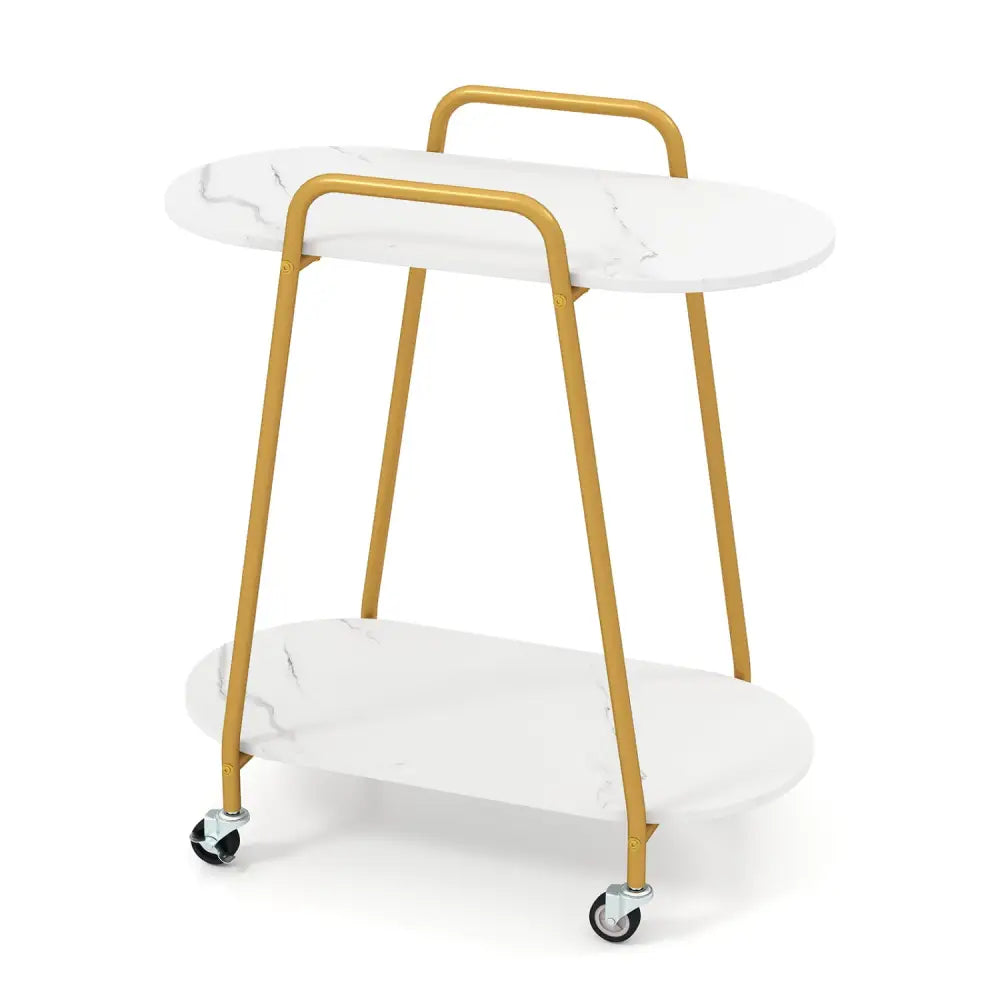 2-Tier Rolling End Table with Faux Marble Surfaces for Small Spaces-White - White - End & Side Tables