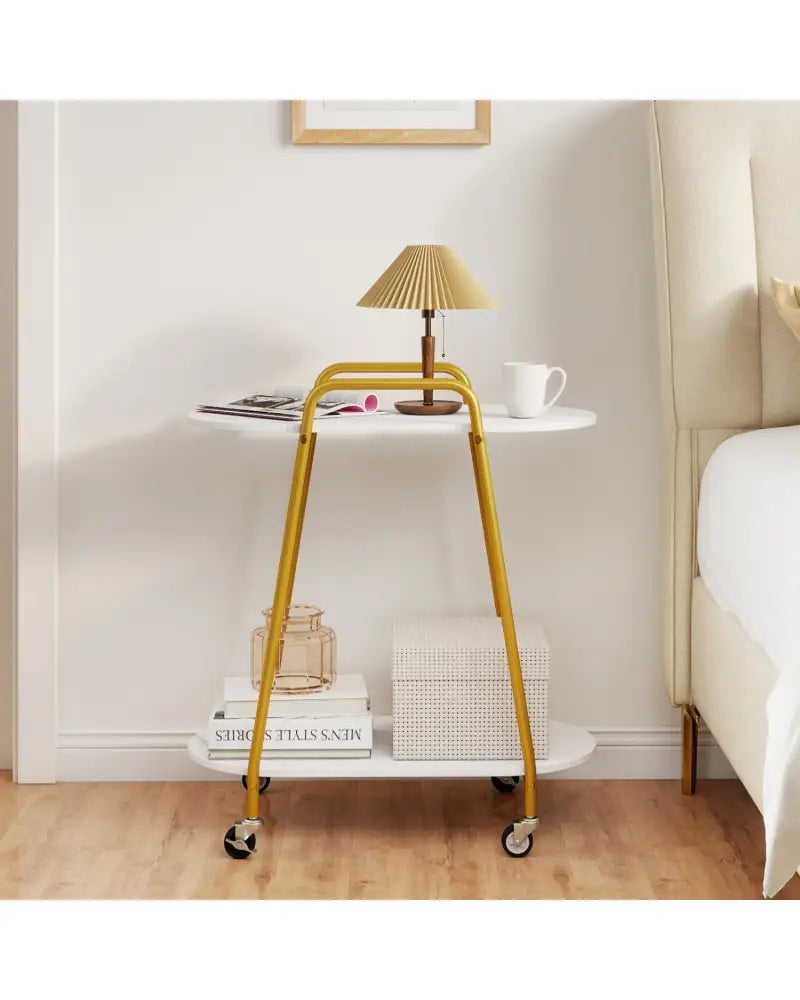 2-Tier Rolling End Table with Faux Marble Surfaces for Small Spaces-White - White - End & Side Tables