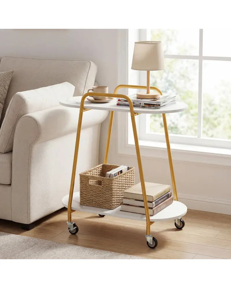 2-Tier Rolling End Table with Faux Marble Surfaces for Small Spaces-White - White - End & Side Tables
