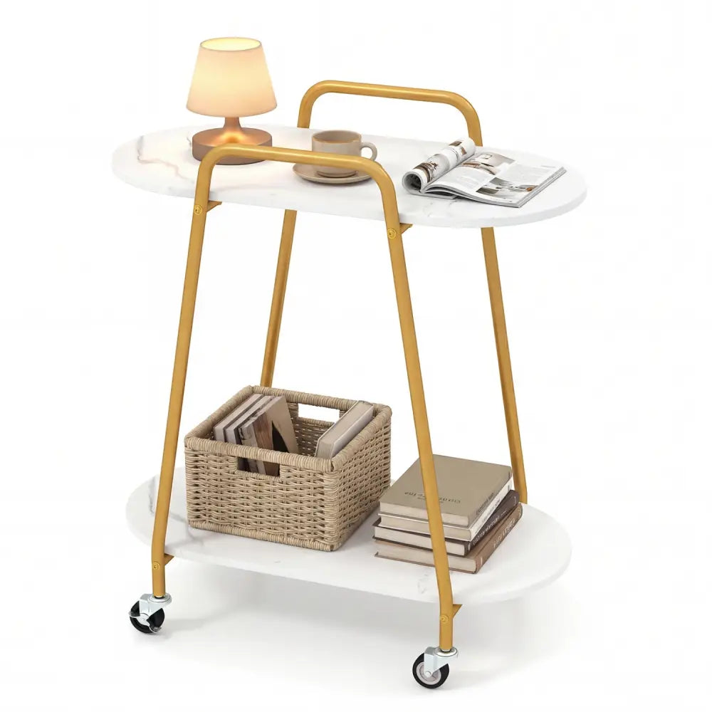 2-Tier Rolling End Table with Faux Marble Surfaces for Small Spaces-White - White - End & Side Tables
