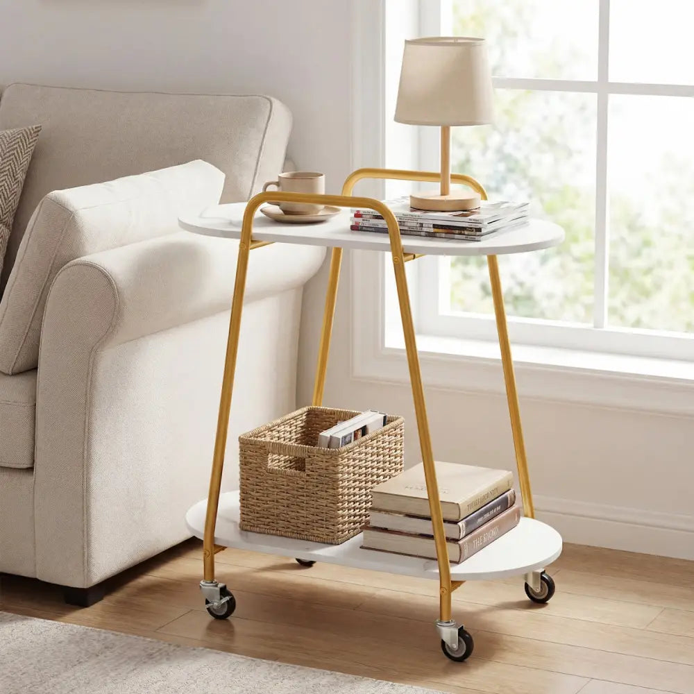 2-Tier Rolling End Table with Faux Marble Surfaces for Small Spaces-White - White - End & Side Tables