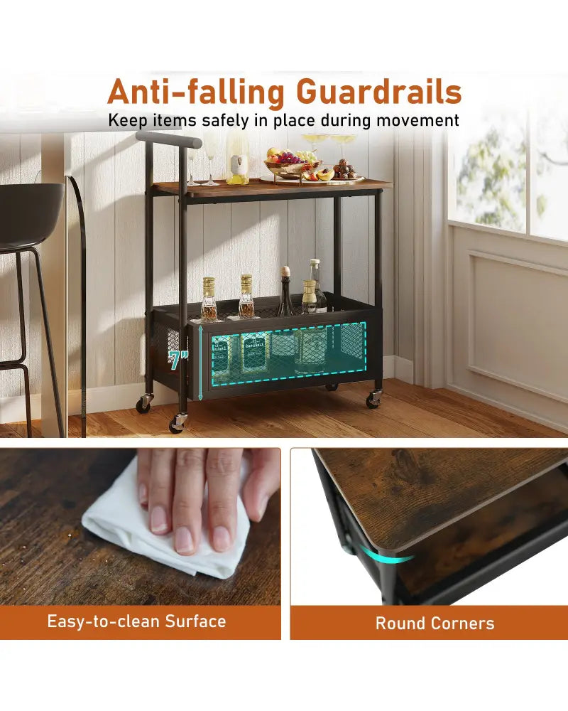 2-Tier Rolling End Table with Handle and Mesh Basket-Rustic Brown - Rustic Brown - End & Side Tables
