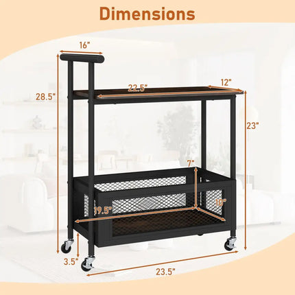 2-Tier Rolling End Table with Handle and Mesh Basket-Rustic Brown Costway