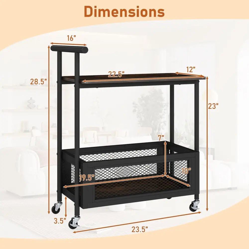 2-Tier Rolling End Table with Handle and Mesh Basket-Rustic Brown Costway