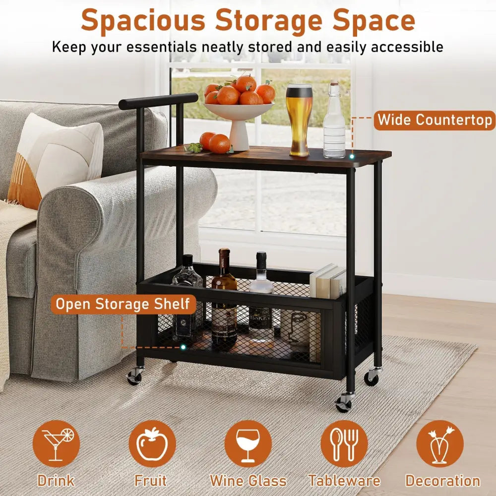 2-Tier Rolling End Table with Handle and Mesh Basket-Rustic Brown Costway
