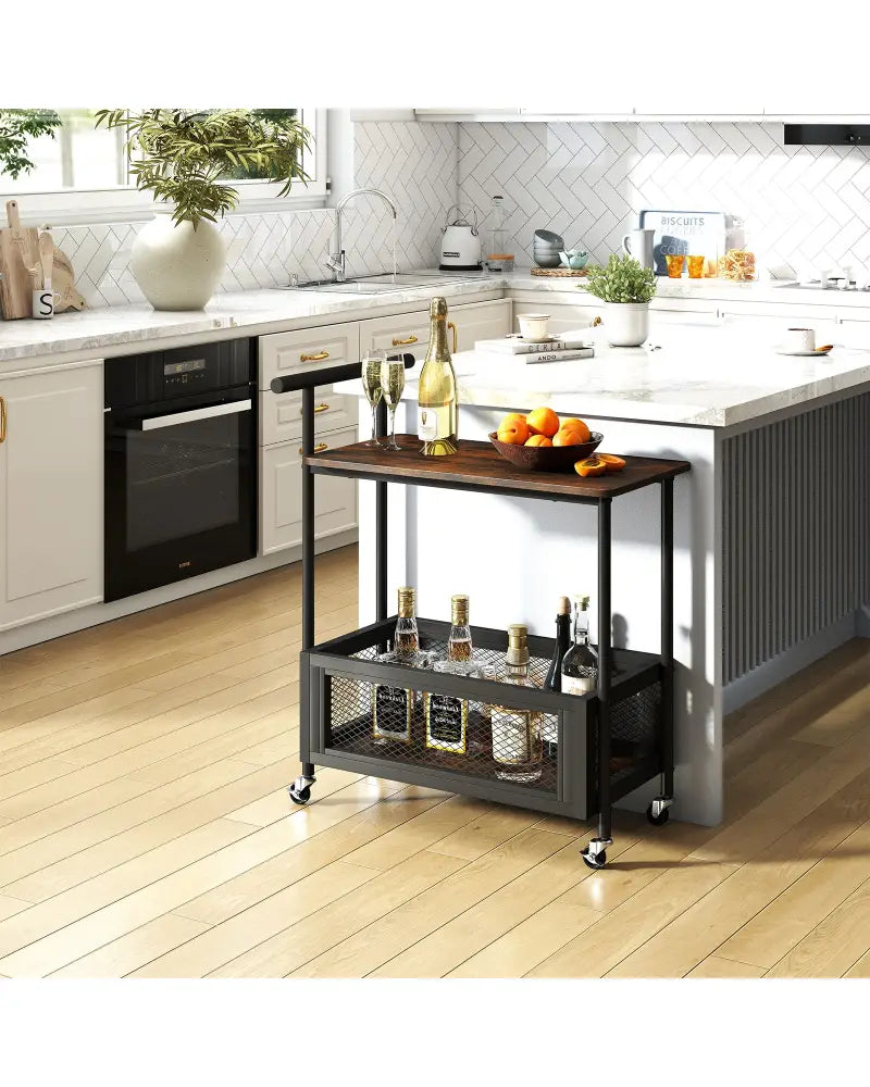 2-Tier Rolling End Table with Handle and Mesh Basket-Rustic Brown - Rustic Brown - End & Side Tables