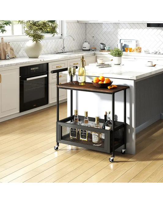 2-Tier Rolling End Table with Handle and Mesh Basket-Rustic Brown - Rustic Brown - End & Side Tables