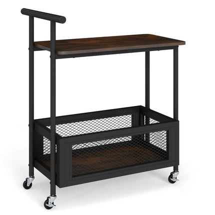 2-Tier Rolling End Table with Handle and Mesh Basket-Rustic Brown Costway