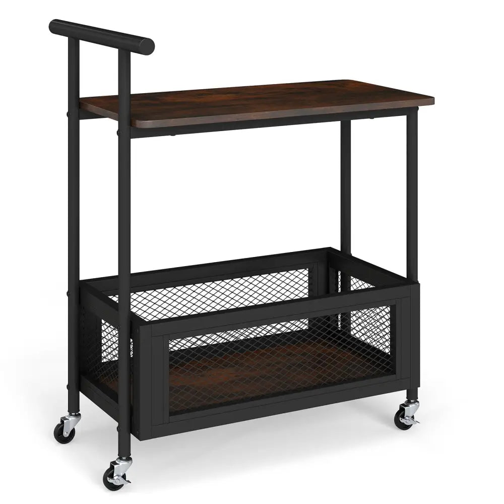 2-Tier Rolling End Table with Handle and Mesh Basket-Rustic Brown Costway