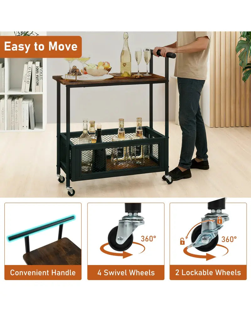 2-Tier Rolling End Table with Handle and Mesh Basket-Rustic Brown - Rustic Brown - End & Side Tables