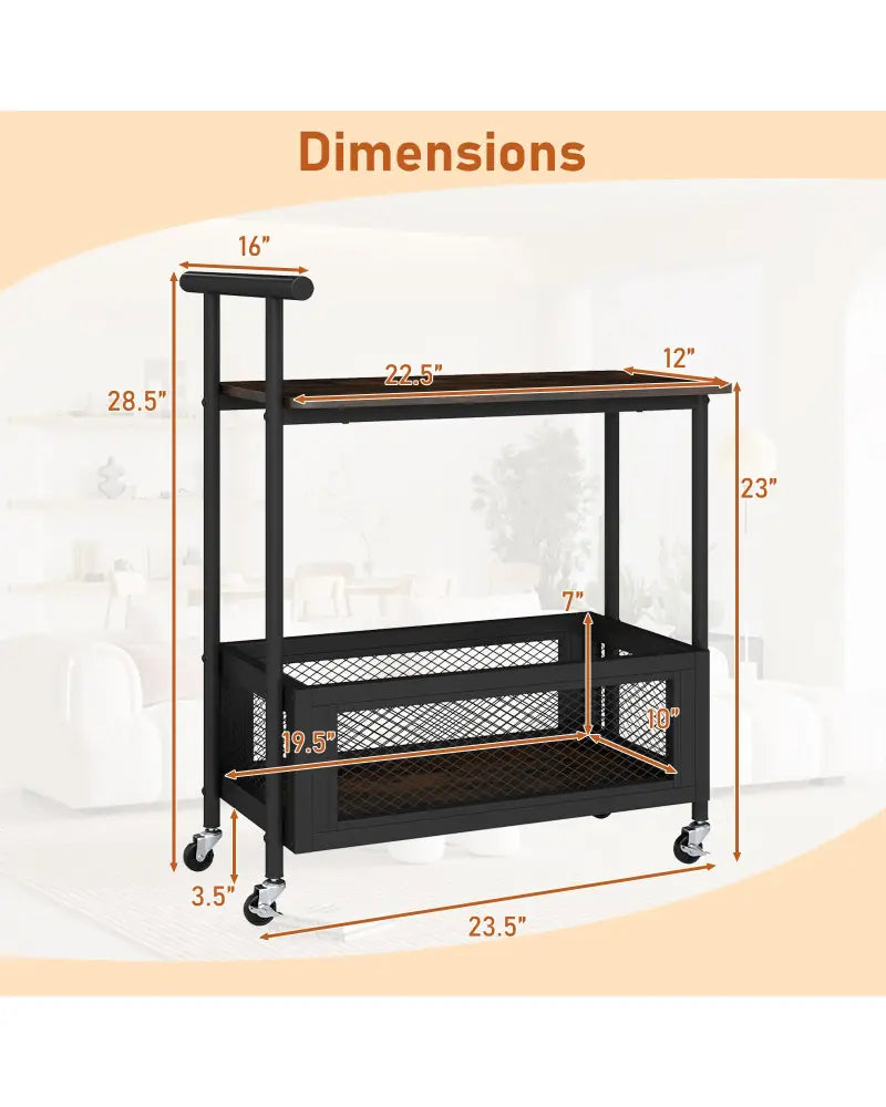 2-Tier Rolling End Table with Handle and Mesh Basket-Rustic Brown - Rustic Brown - End & Side Tables