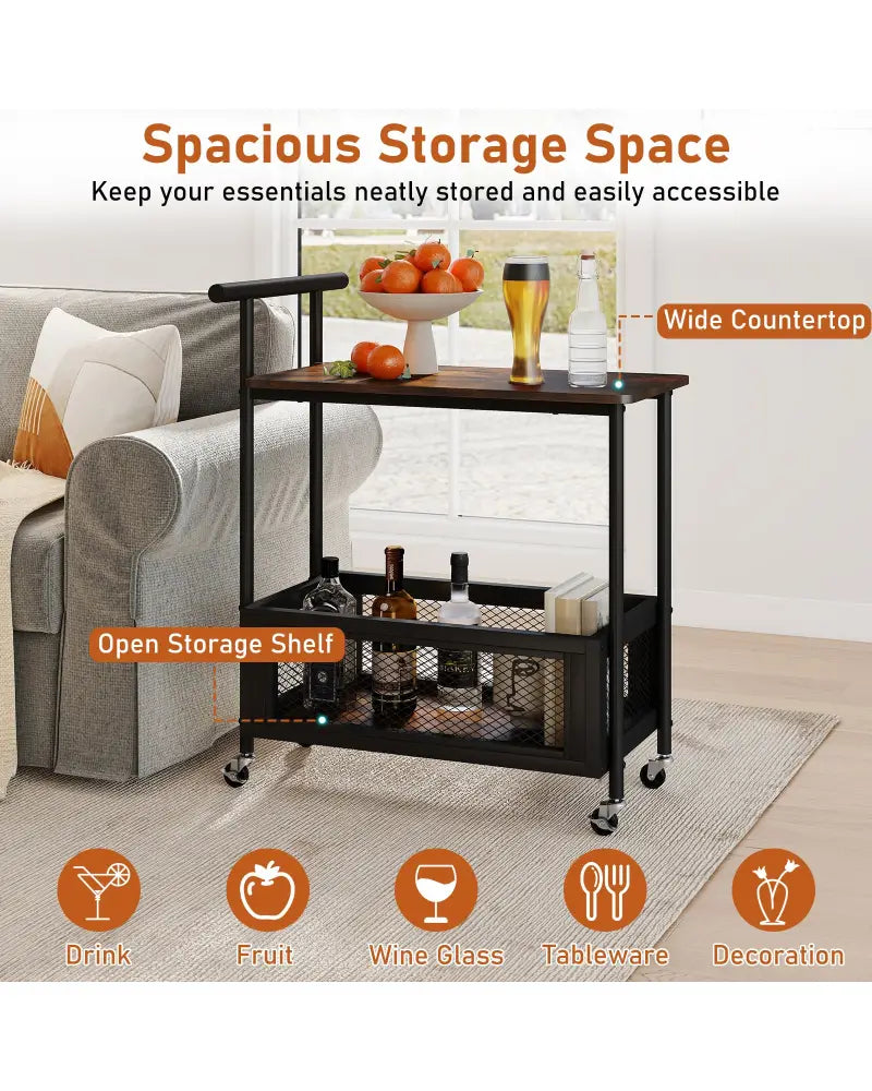 2-Tier Rolling End Table with Handle and Mesh Basket-Rustic Brown - Rustic Brown - End & Side Tables