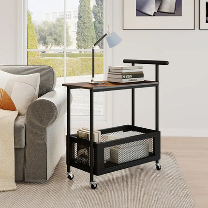 2-Tier Rolling End Table with Handle and Mesh Basket-Rustic Brown Costway