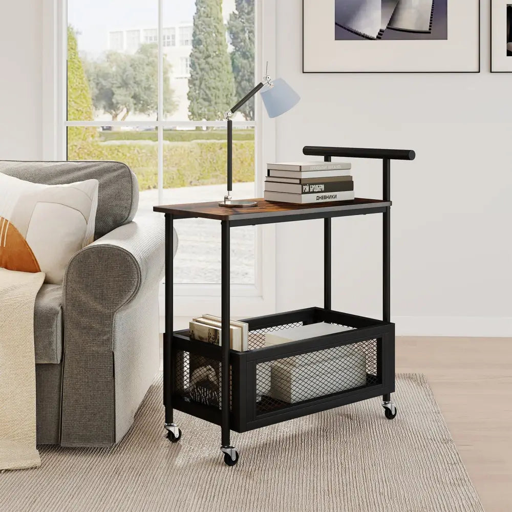2-Tier Rolling End Table with Handle and Mesh Basket-Rustic Brown Costway