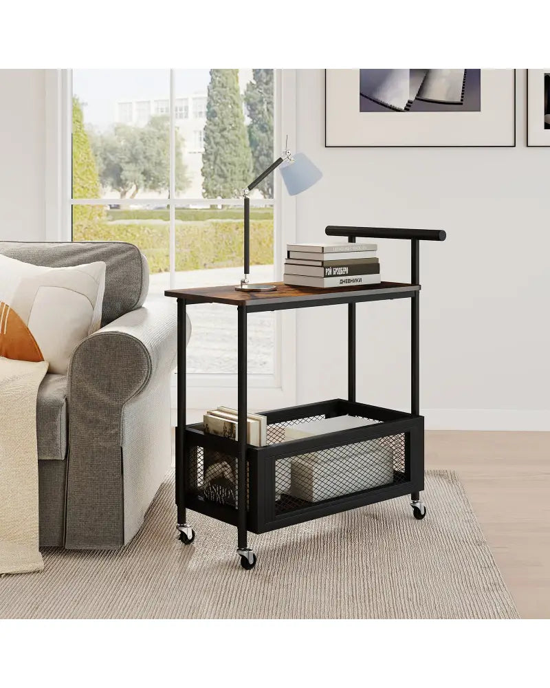 2-Tier Rolling End Table with Handle and Mesh Basket-Rustic Brown - Rustic Brown - End & Side Tables